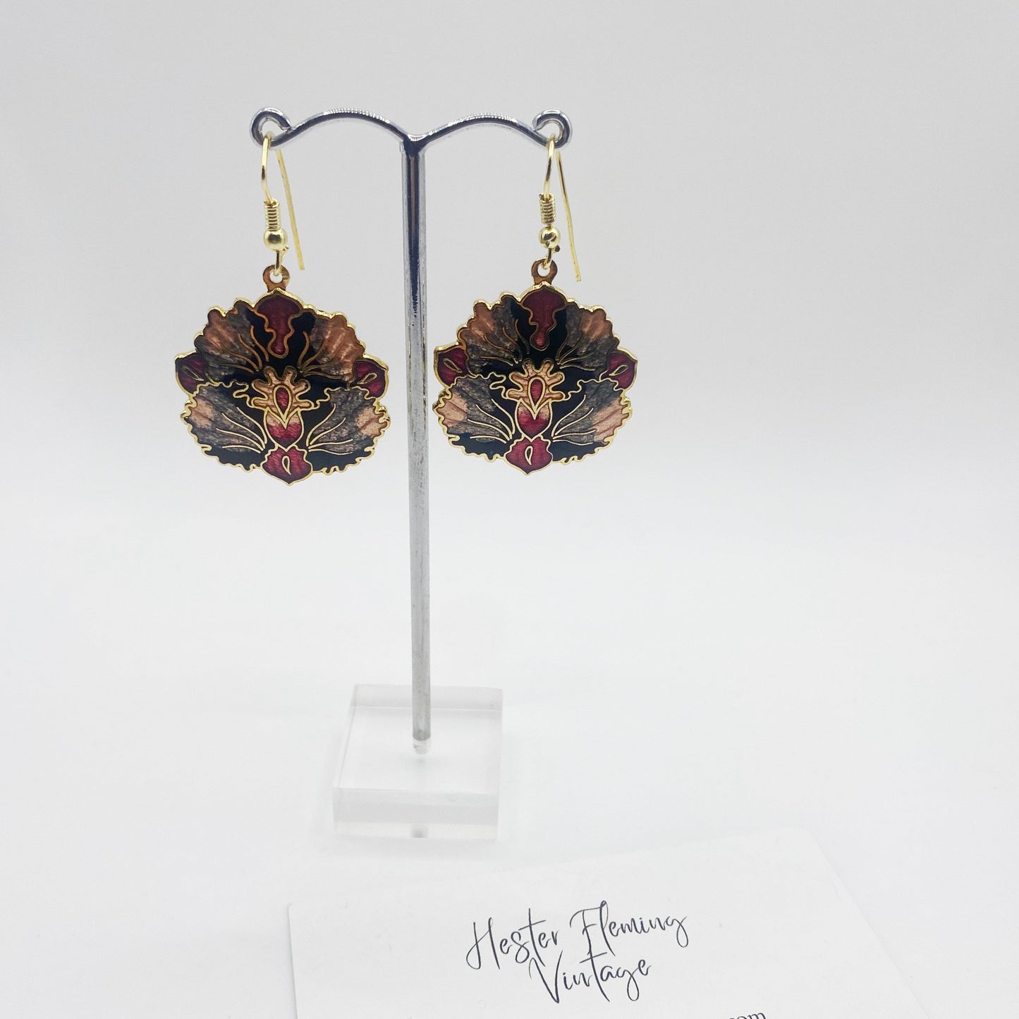 View of 1980s Vintage Cloisonne Earrings, on stand.