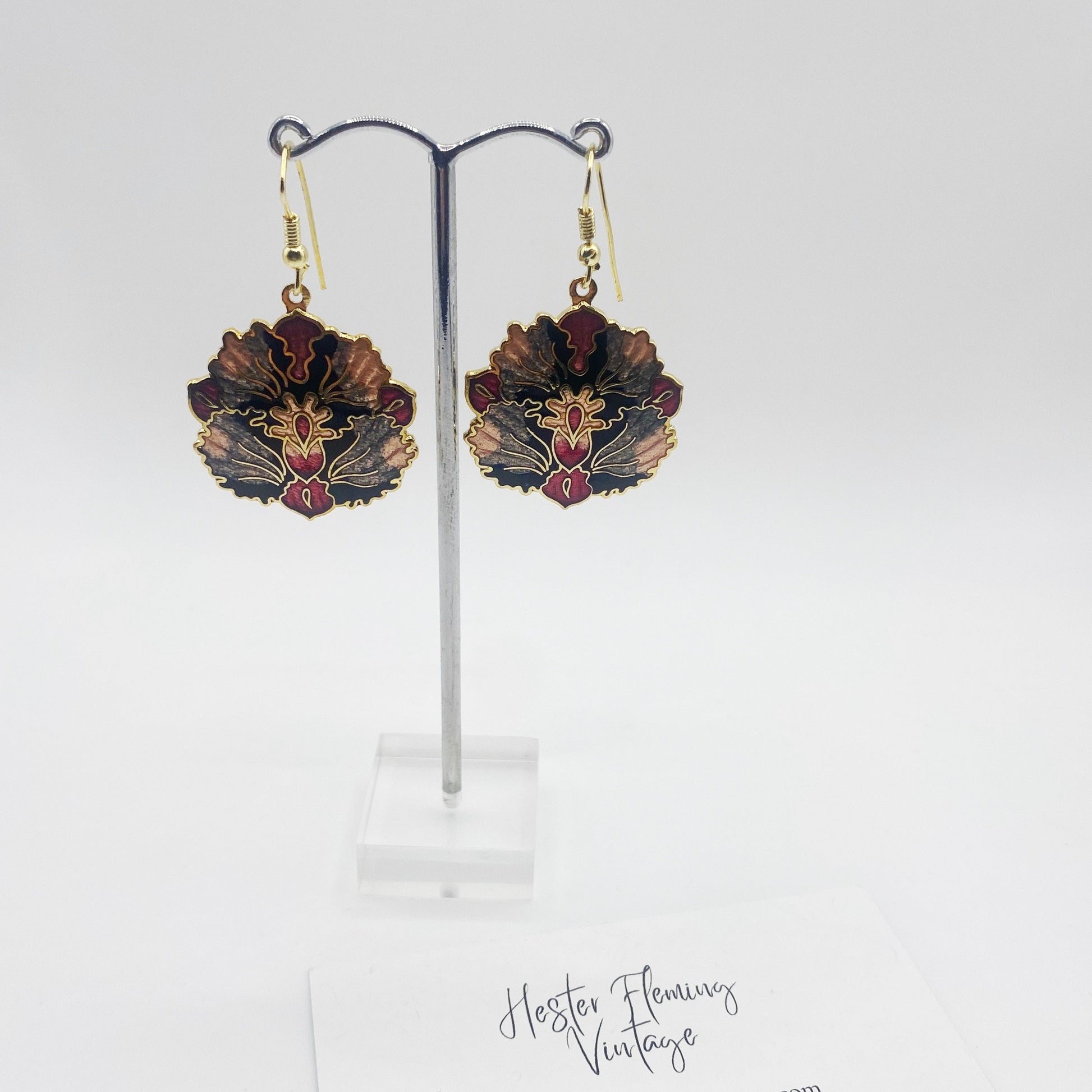 View of 1980s Vintage Cloisonne Earrings, on stand.