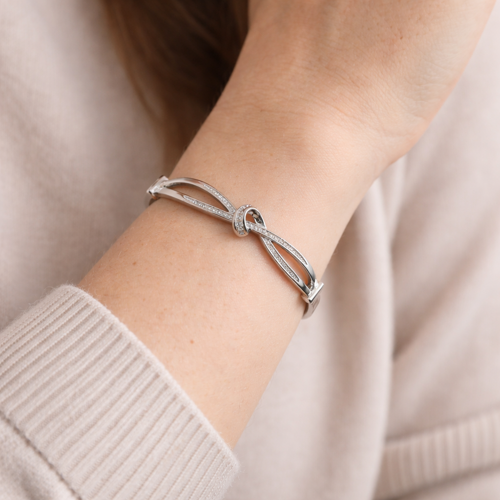 Vintage 1990s Pave Crystal Bangle, silvertone. Style shot. 