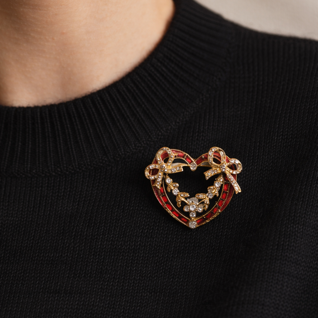 1990s Napier Heart Brooch, styled on a fine black knit. 
