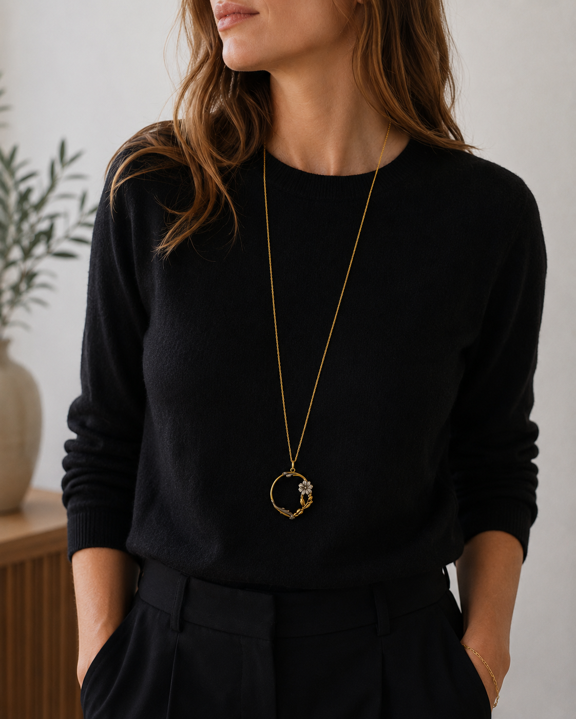 1990s Victorian Revival Quizzer Necklace, styled on a model wearing black. 