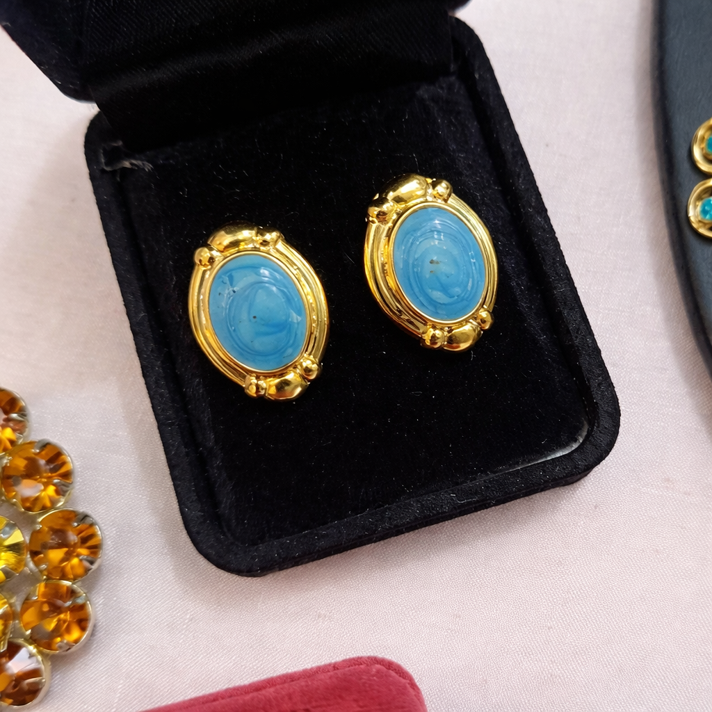 1990 Vintage turquoise enamel earrings, presented in box. 