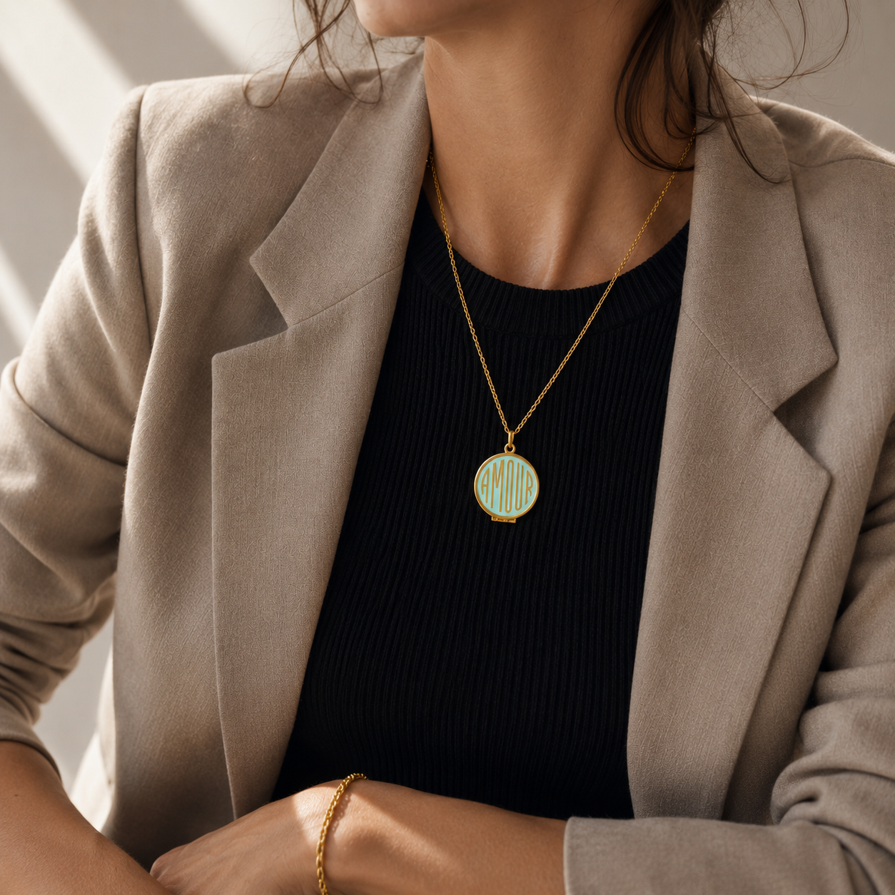1990s Y2K Catherine Popesco Locket Necklace, styled on a model. 