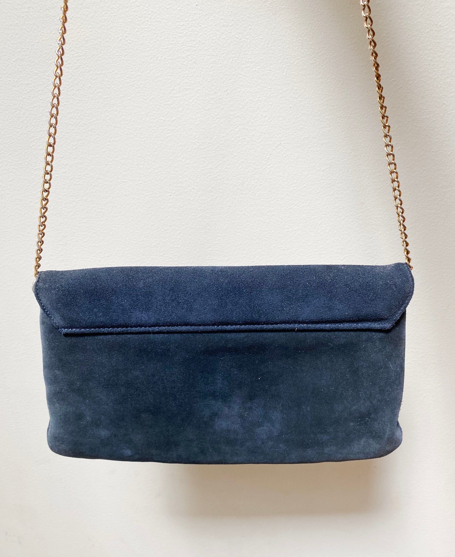 Back view of vintage blue suede bag