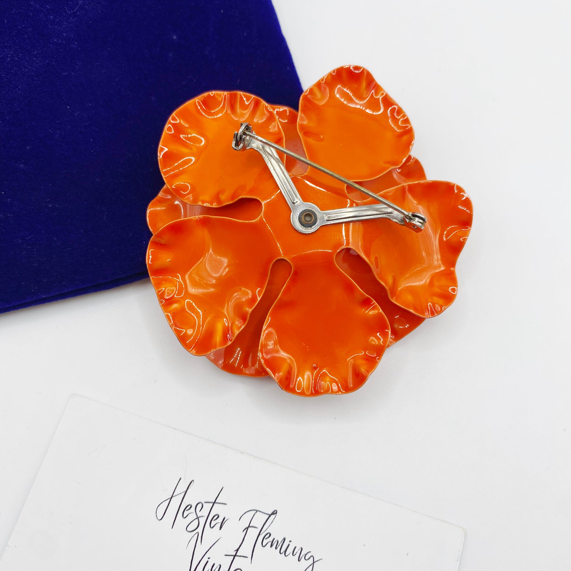 Back view of 1960s Enamel Poppy Brooch. Excellent condition. 