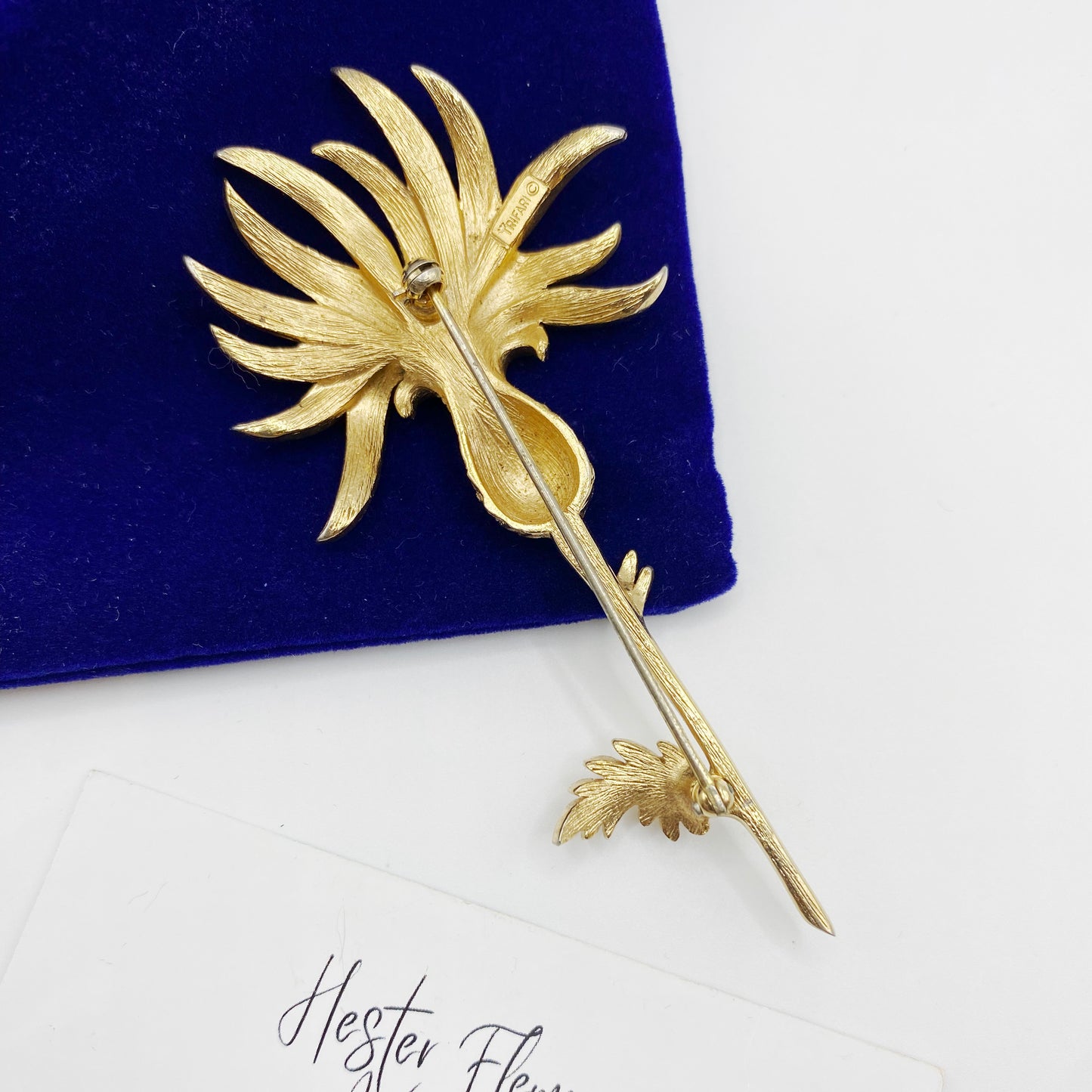 Back view of 1960s Trifari Gold Tropical Flower Brooch