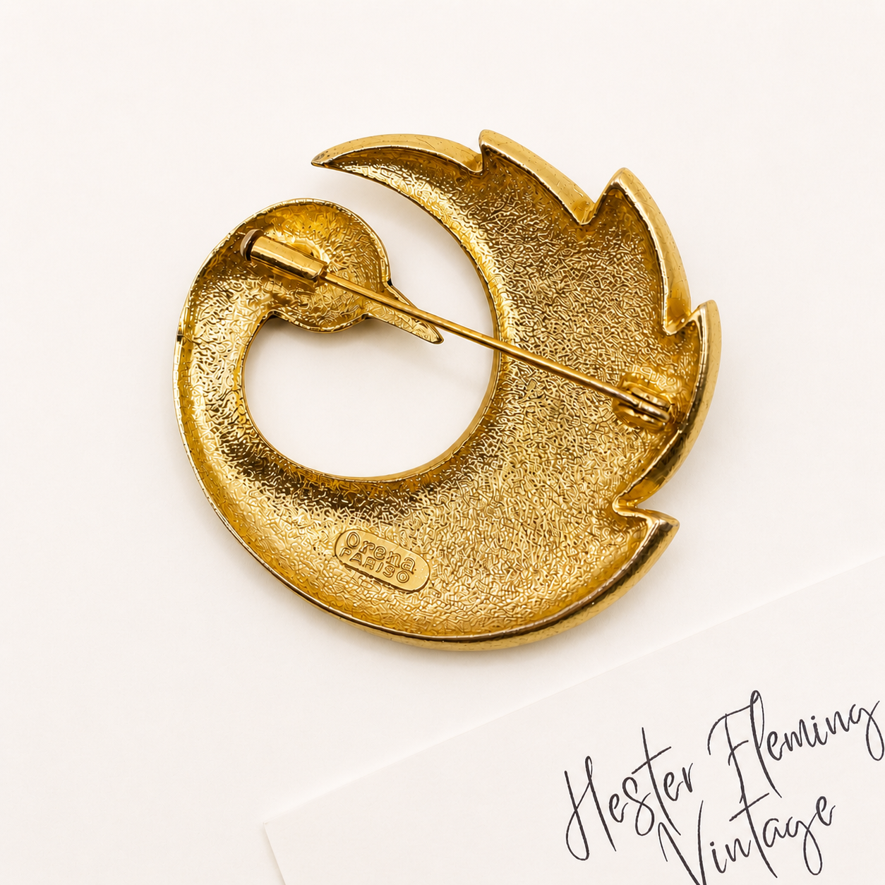 Back view and signature Orena Paris Swan Brooch.