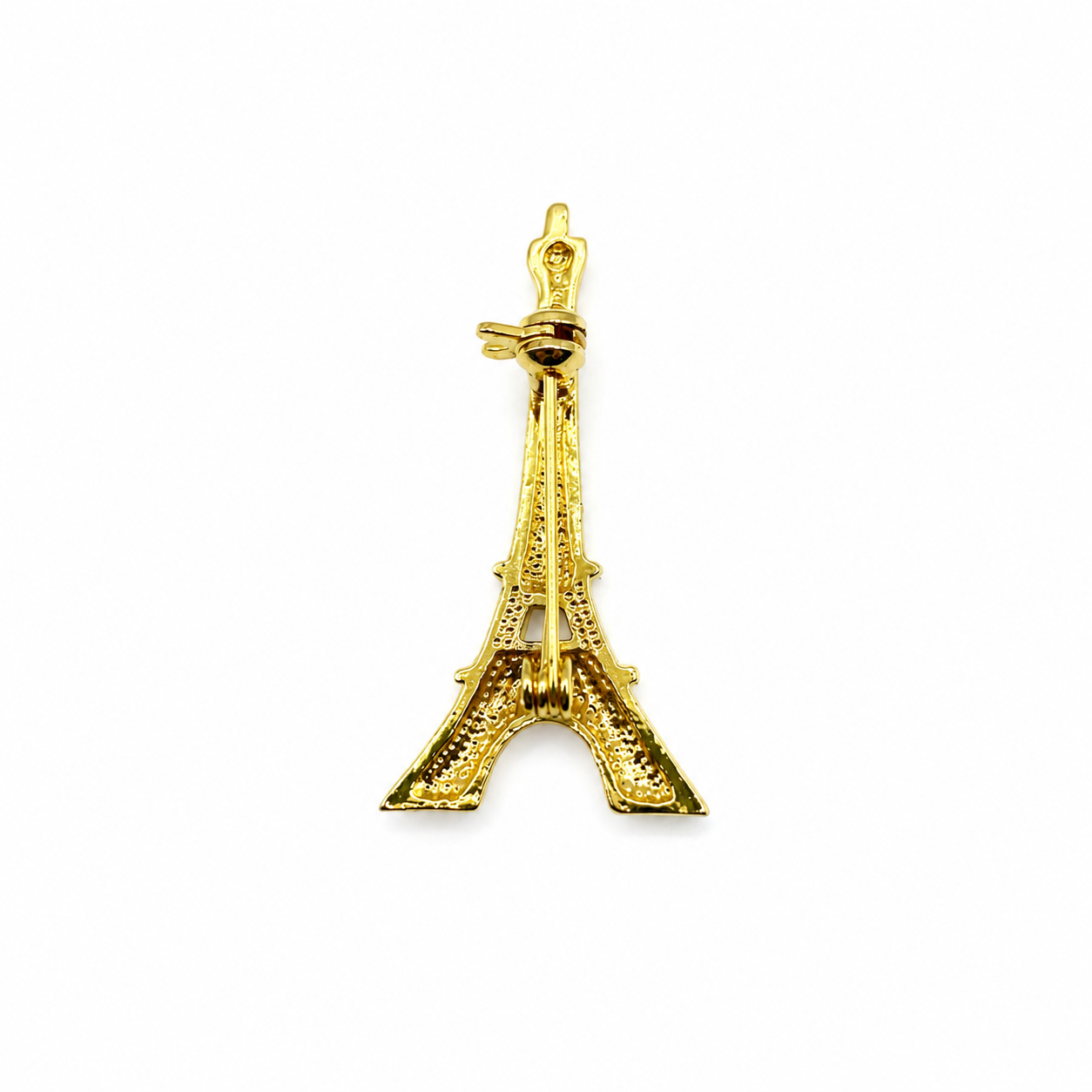 Back view of Vintage 1990s Eiffel Tower Brooch. Set in high quality gold plating. 