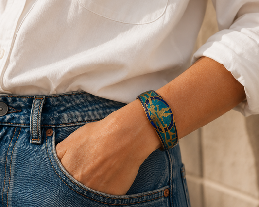 Vintage Cloisonne bangle, styled with jeans and white shirt. 