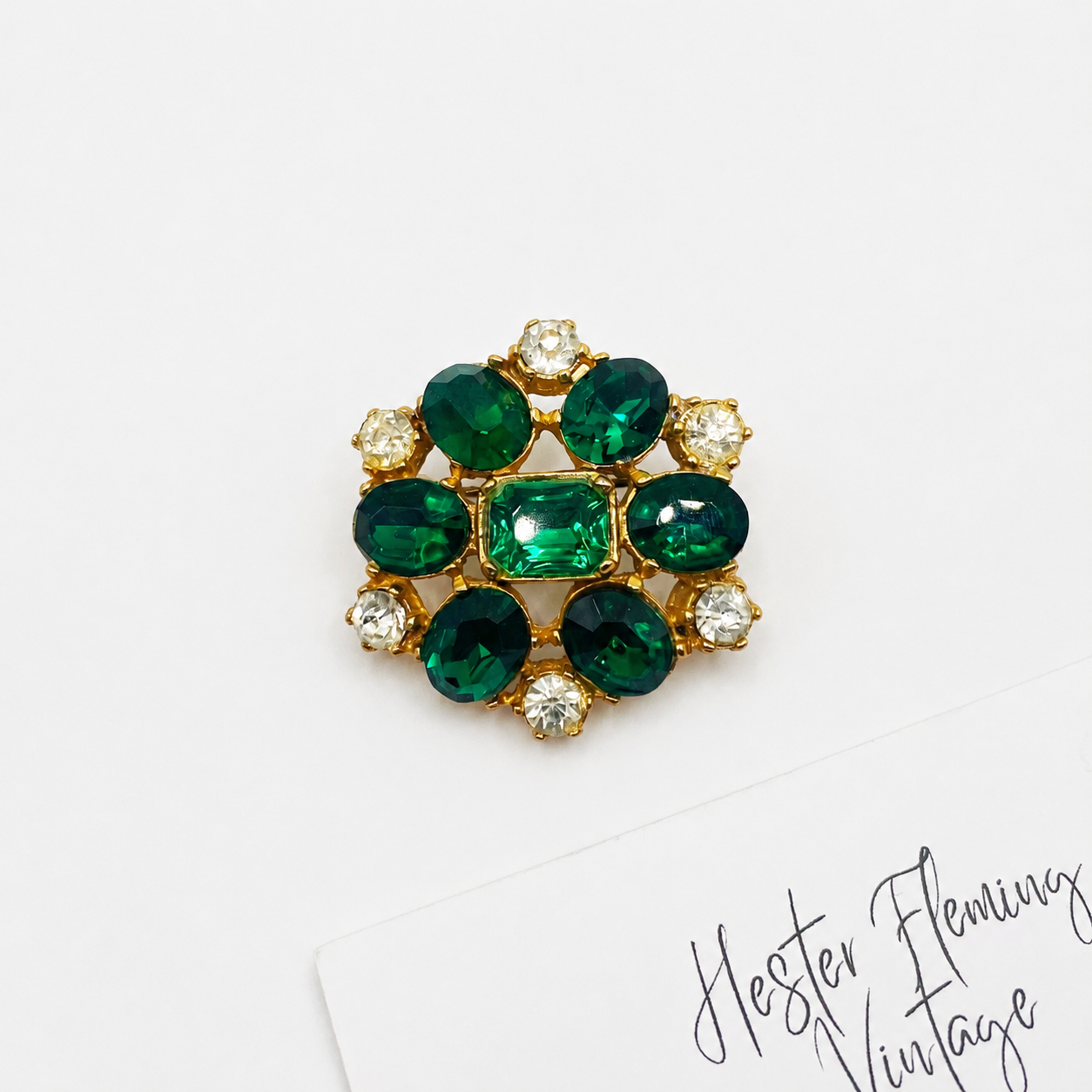 Emerald Crystal Brooch, on white background 