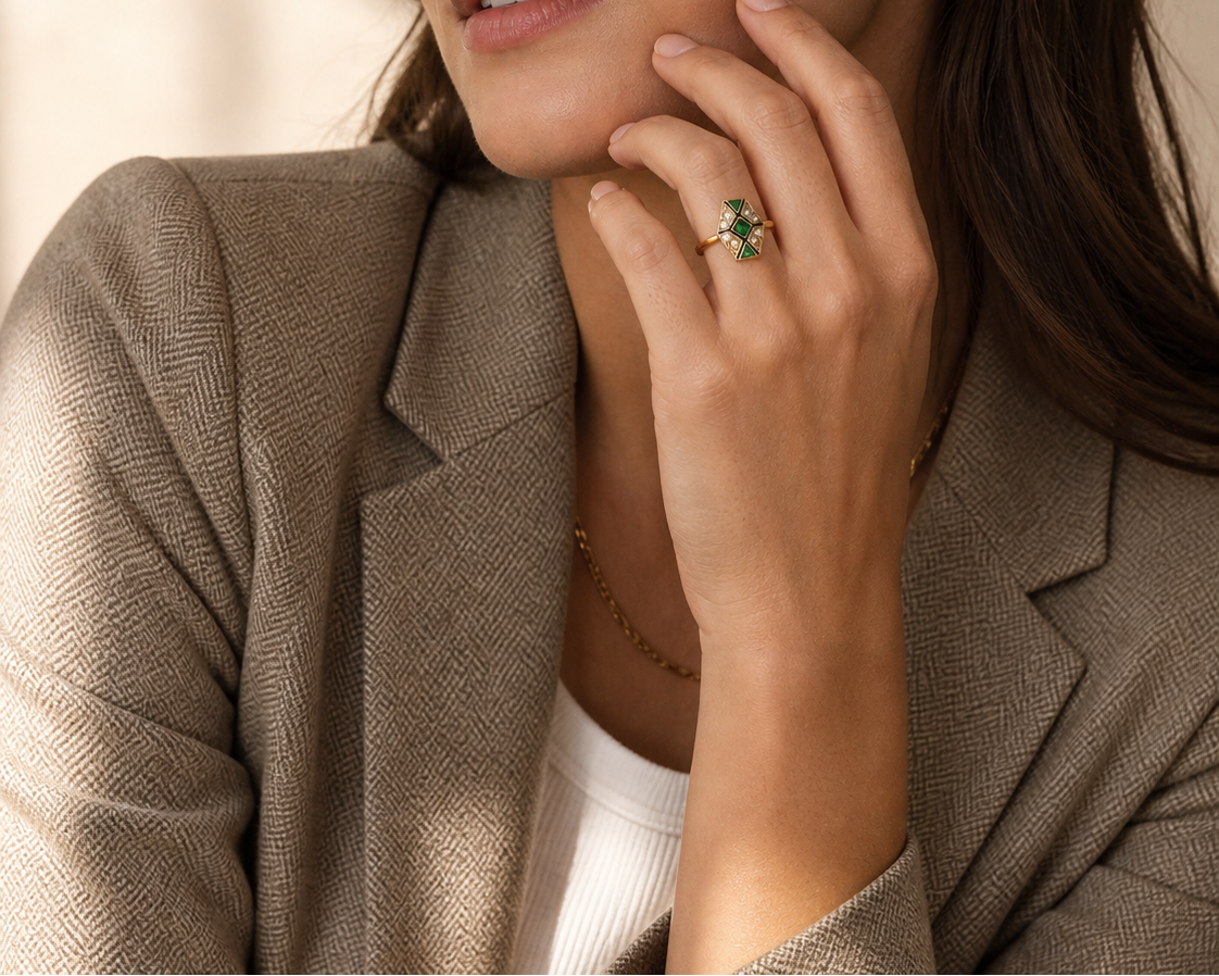 Original french deco costume ring, styled on a contemporary model.