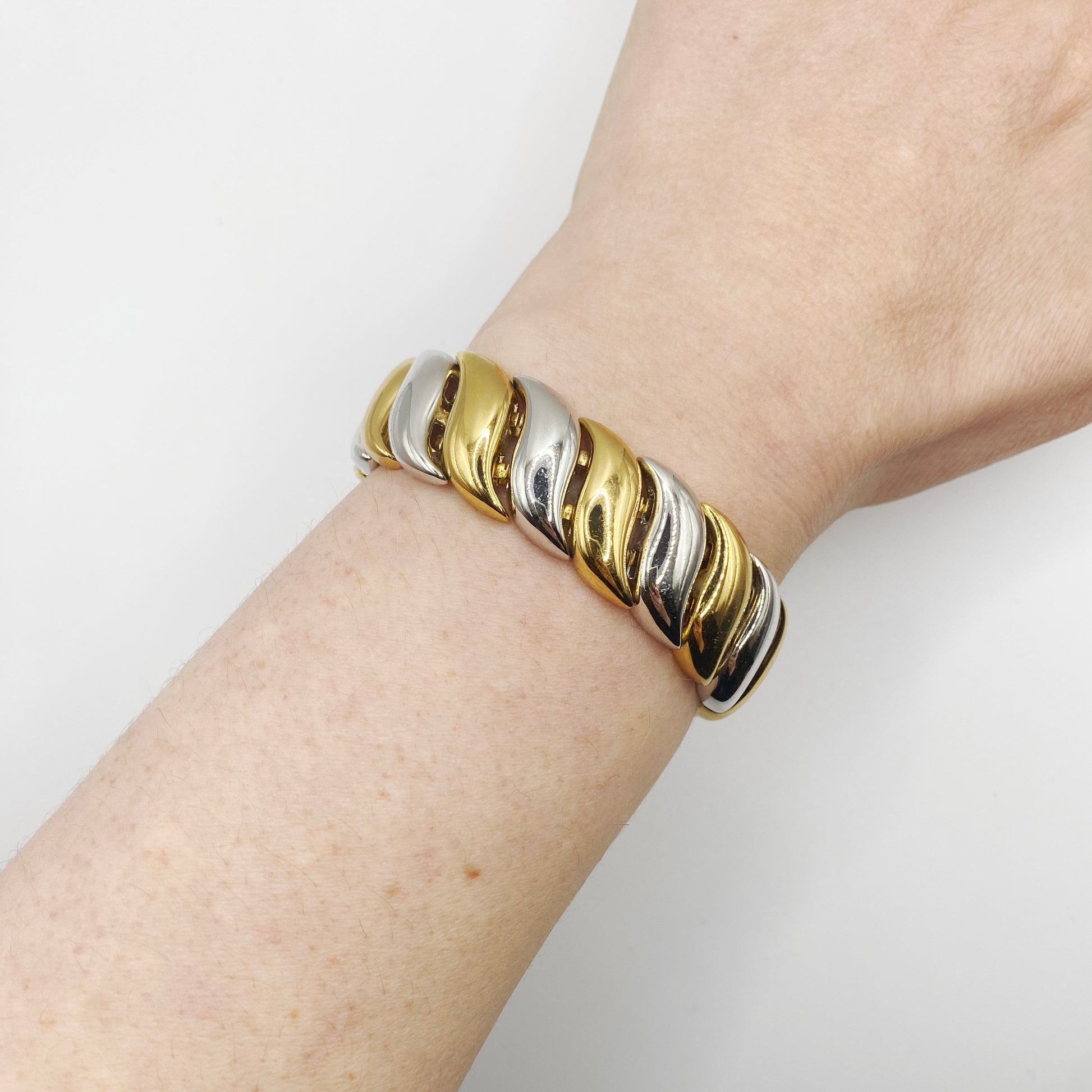 Front view of 1970s Monet Bracelet, styled on arm. 