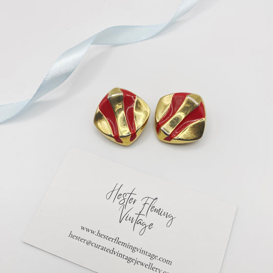 1970s · Trifari · Red Enamel Clip Earrings
