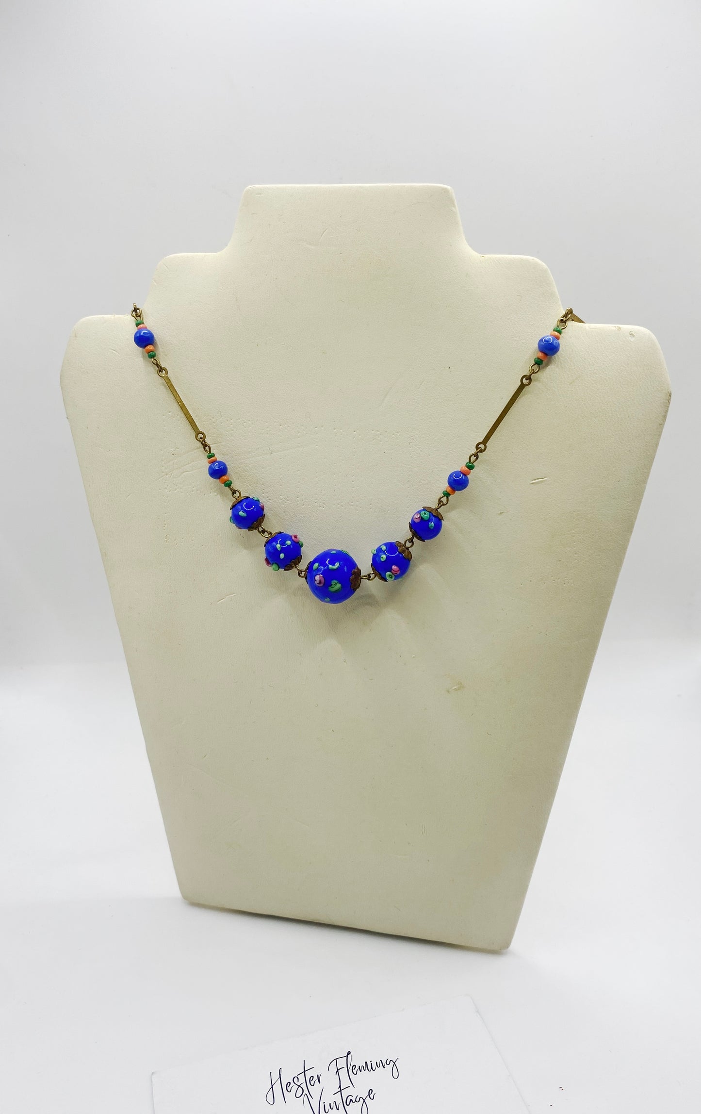 Vintage Czech cobalt blue glass bead necklace with rolled gold links