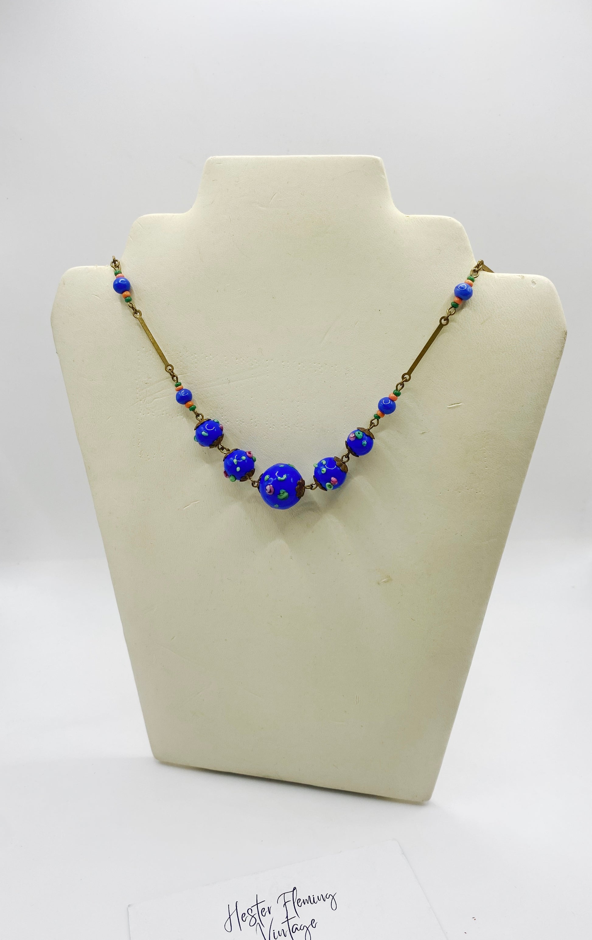 Vintage Czech cobalt blue glass bead necklace with rolled gold links