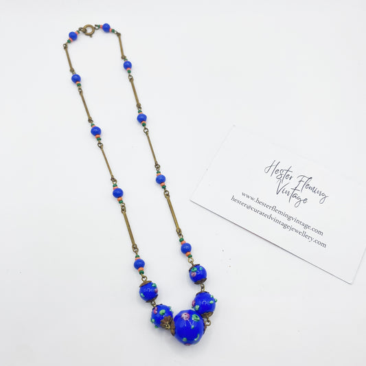 1920s Czech glass bead necklace with floral decorated beads