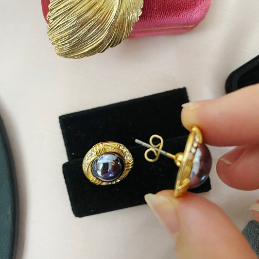 Vintage · 1990s · Hematite Cabochon & Crystal Gold Earrings