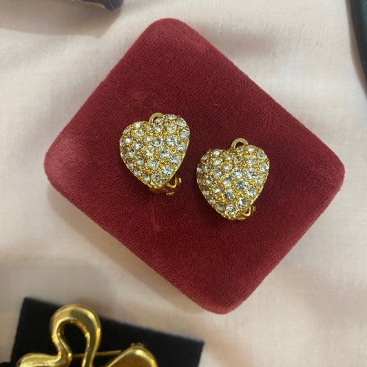 Retro 90s Crystal Heart Clip-On Earrings | Vintage Costume Jewellery