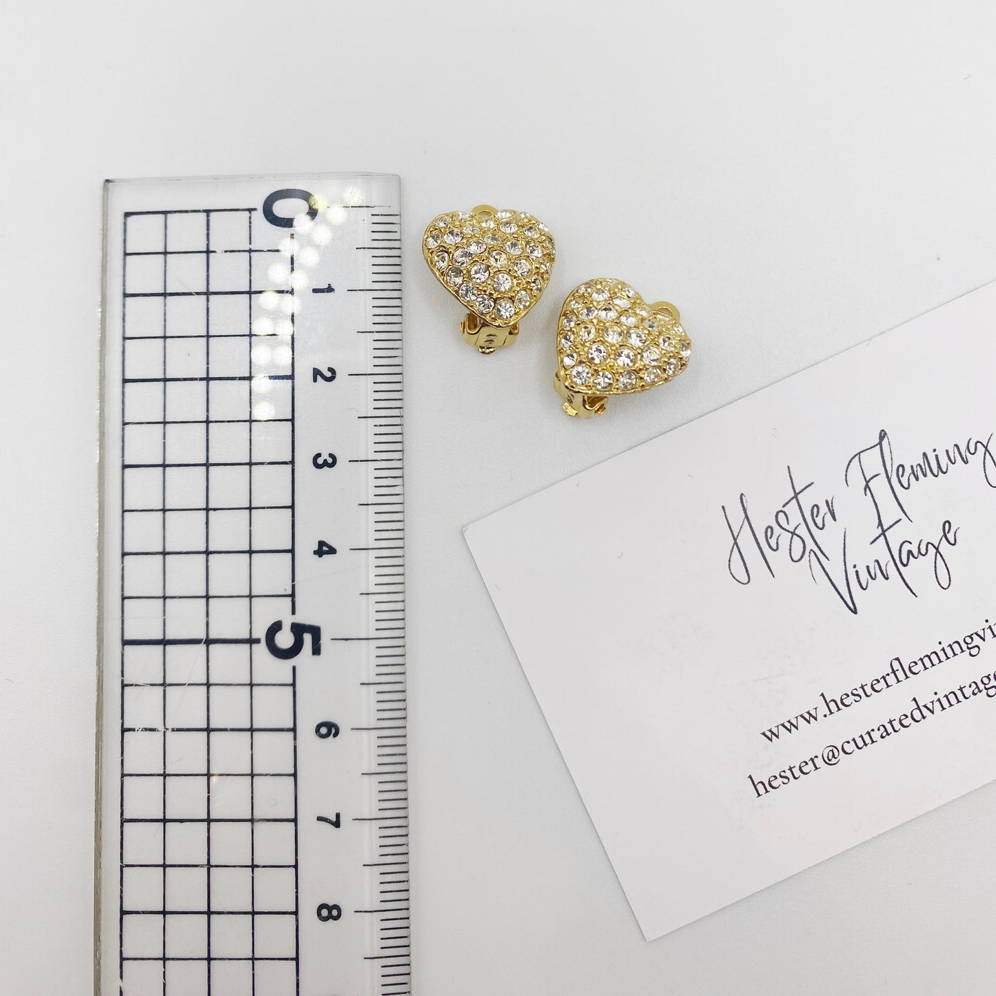 Retro 90s Crystal Heart Clip-On Earrings | Vintage Costume Jewellery