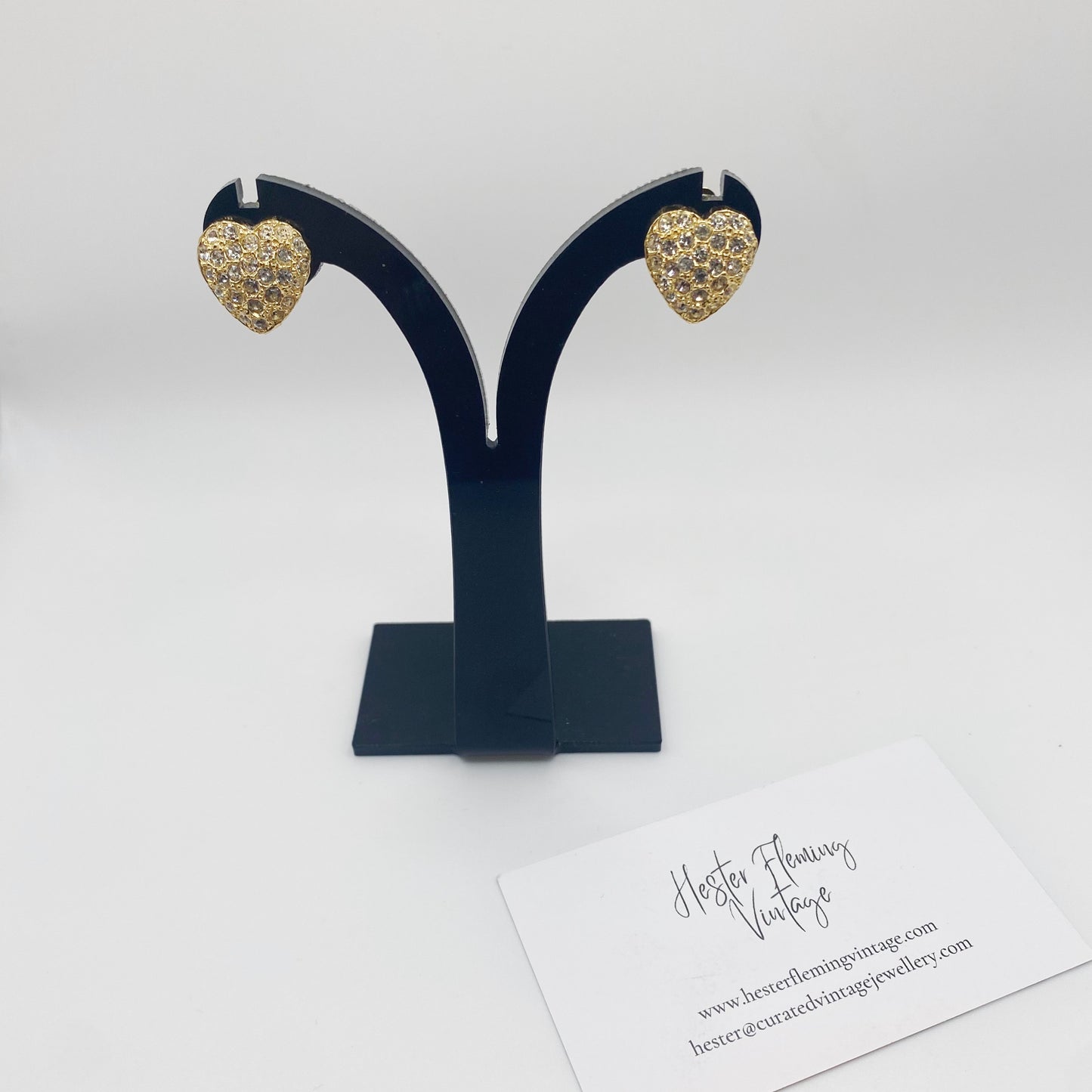 Retro 90s Crystal Heart Clip-On Earrings | Vintage Costume Jewellery