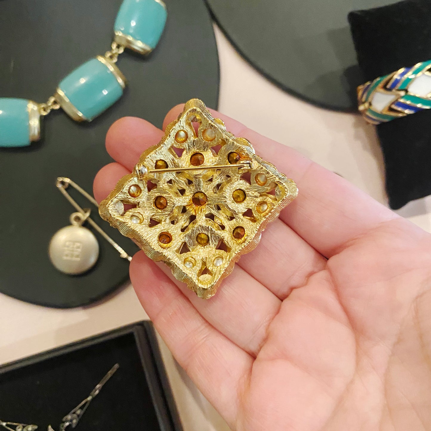 Vintage 1990s Crystal & Pearl Gold Brooch | Statement Pin