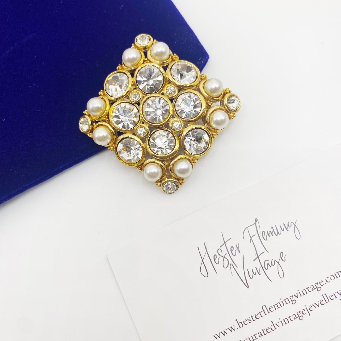 Vintage 1990s Crystal & Pearl Gold Brooch | Statement Pin