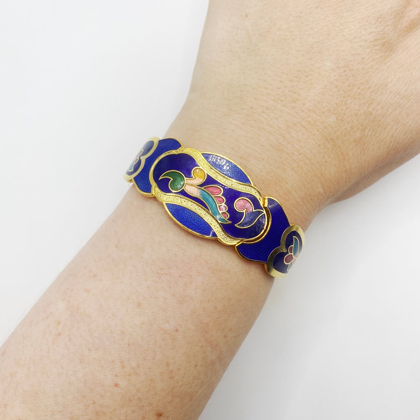 Vintage Cloisonné Bangle, 1980s Retro Nouveau Style Enamel Hinged Bracelet