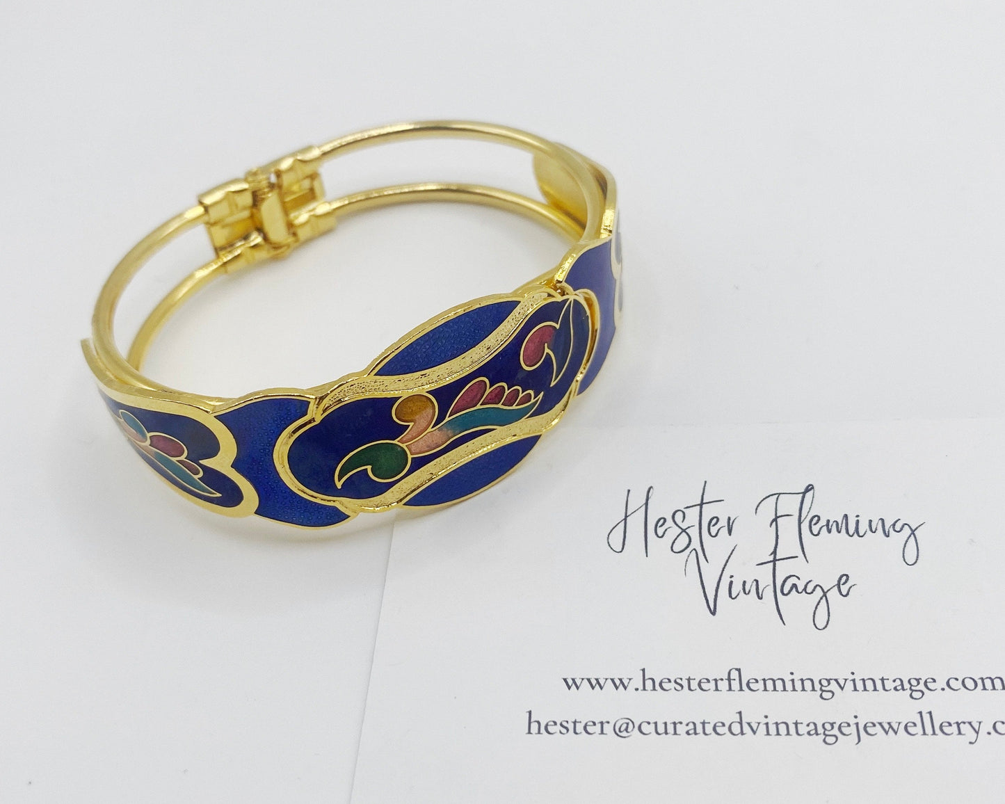 Vintage Cloisonné Bangle, 1980s Retro Nouveau Style Enamel Hinged Bracelet