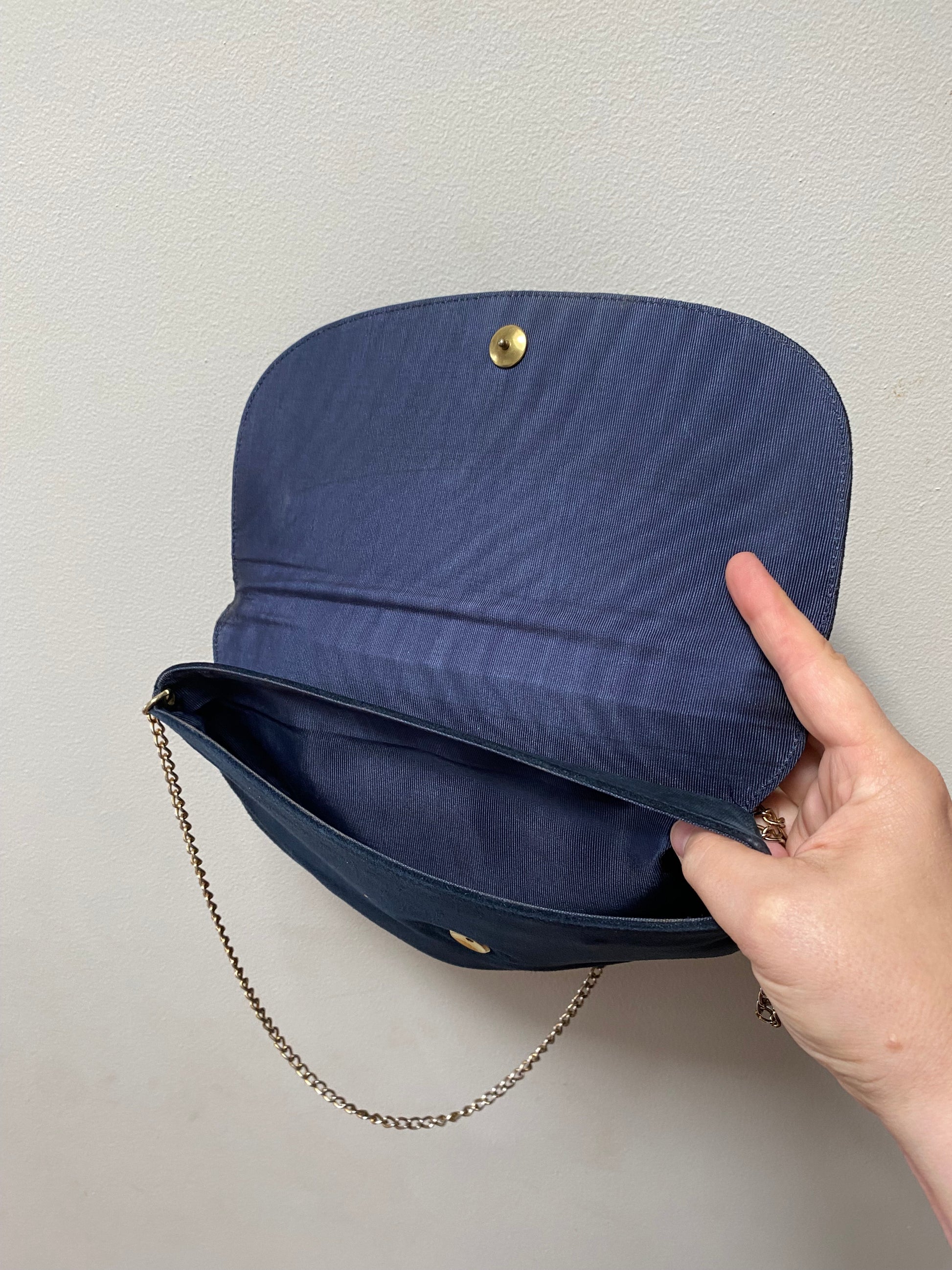 Inside, interior of blue suede bag. 