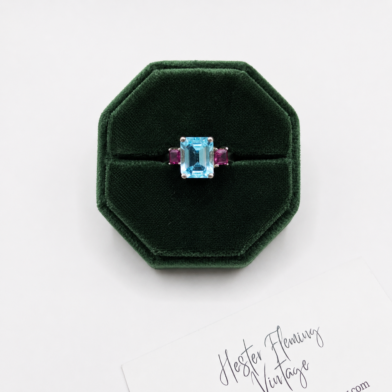 Late 90s Aquamarine Ring in green velvet box. 