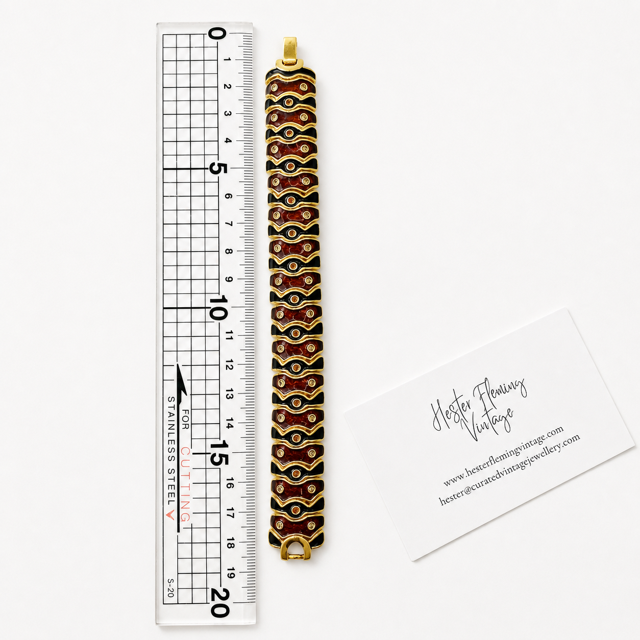 1990s Joan Rivers Bracelet, placed next to a ruler for measurement. 