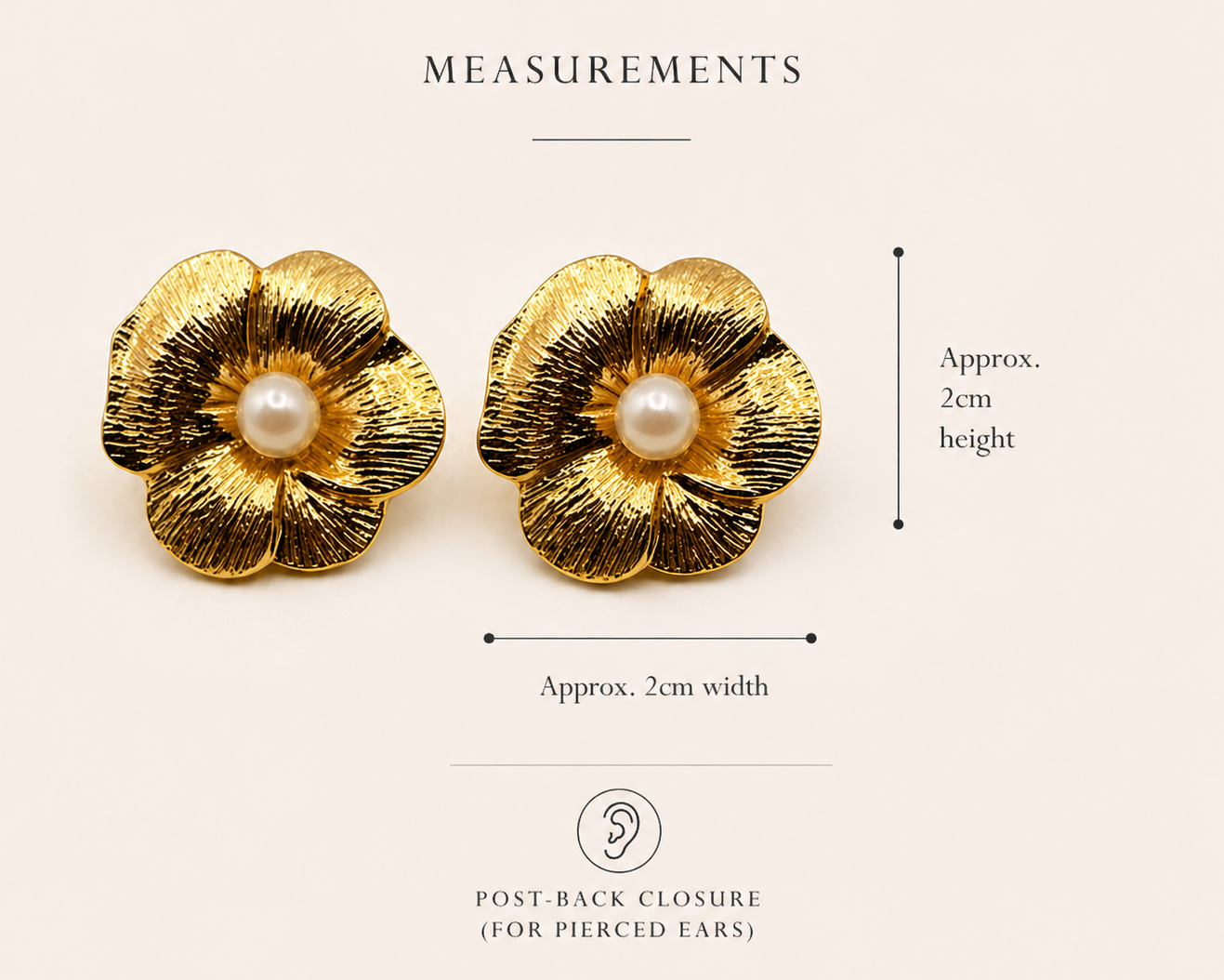 Measurement details for 1990s Pansy Earrings. London deadstock.