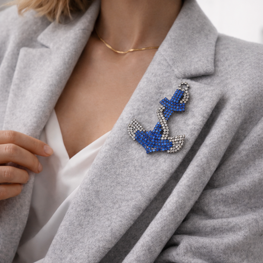 1940s to 1950s Crystal rhinestone anchor brooch, styled on cashmere jacket. 