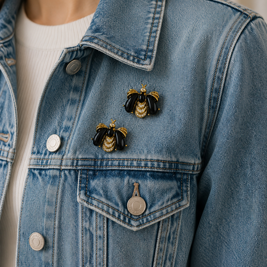 Style shot of the 1990s Givenchy Bee brooch set, on denim. 