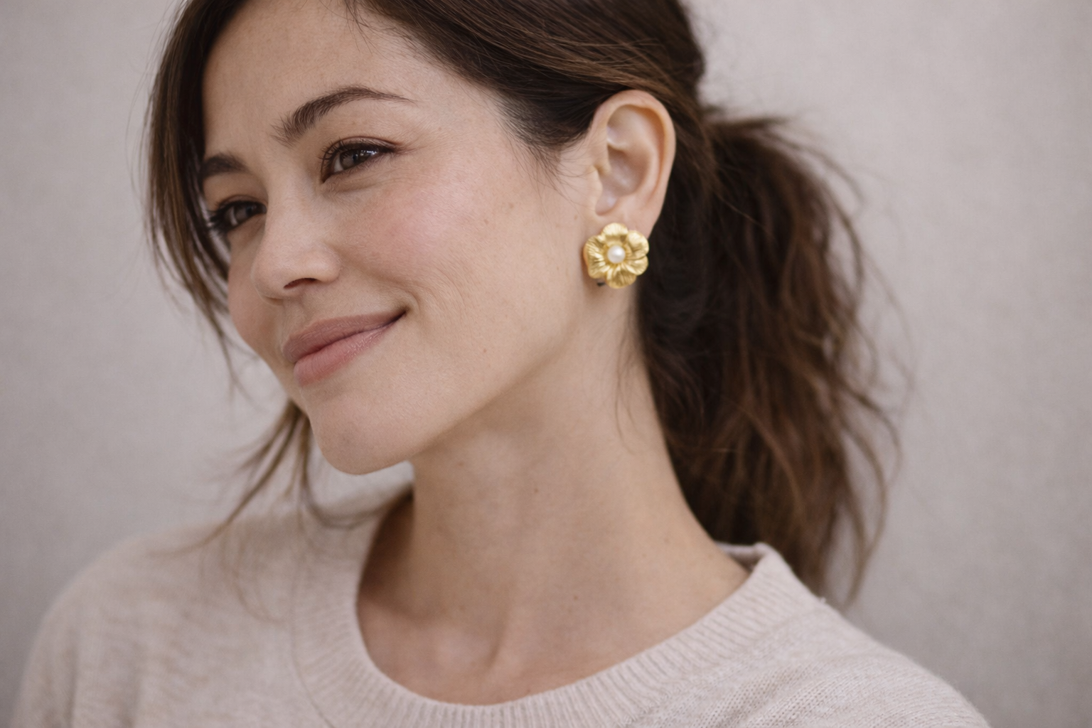 Vintage 1990s Pansy earrings, style shot. 
