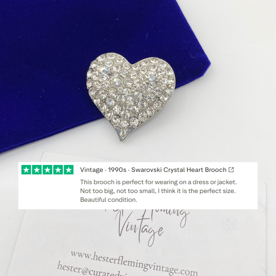 Vintage 90s, Swarovski crystal heart brooch, customer feedback via Trustpilot.