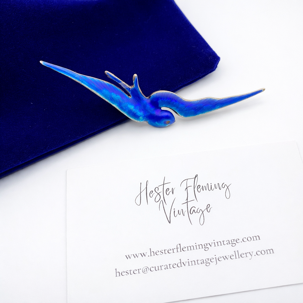 Front view of Victorian sterling silver and enamel blue bird.