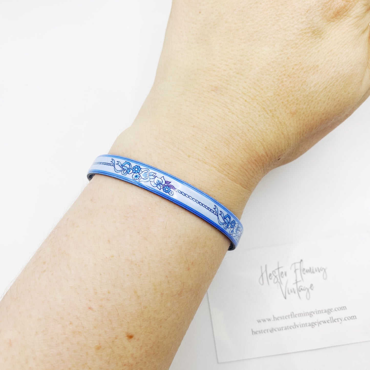 Vintage 1970s Michaela Frey Bangle, styled on a wrist. 