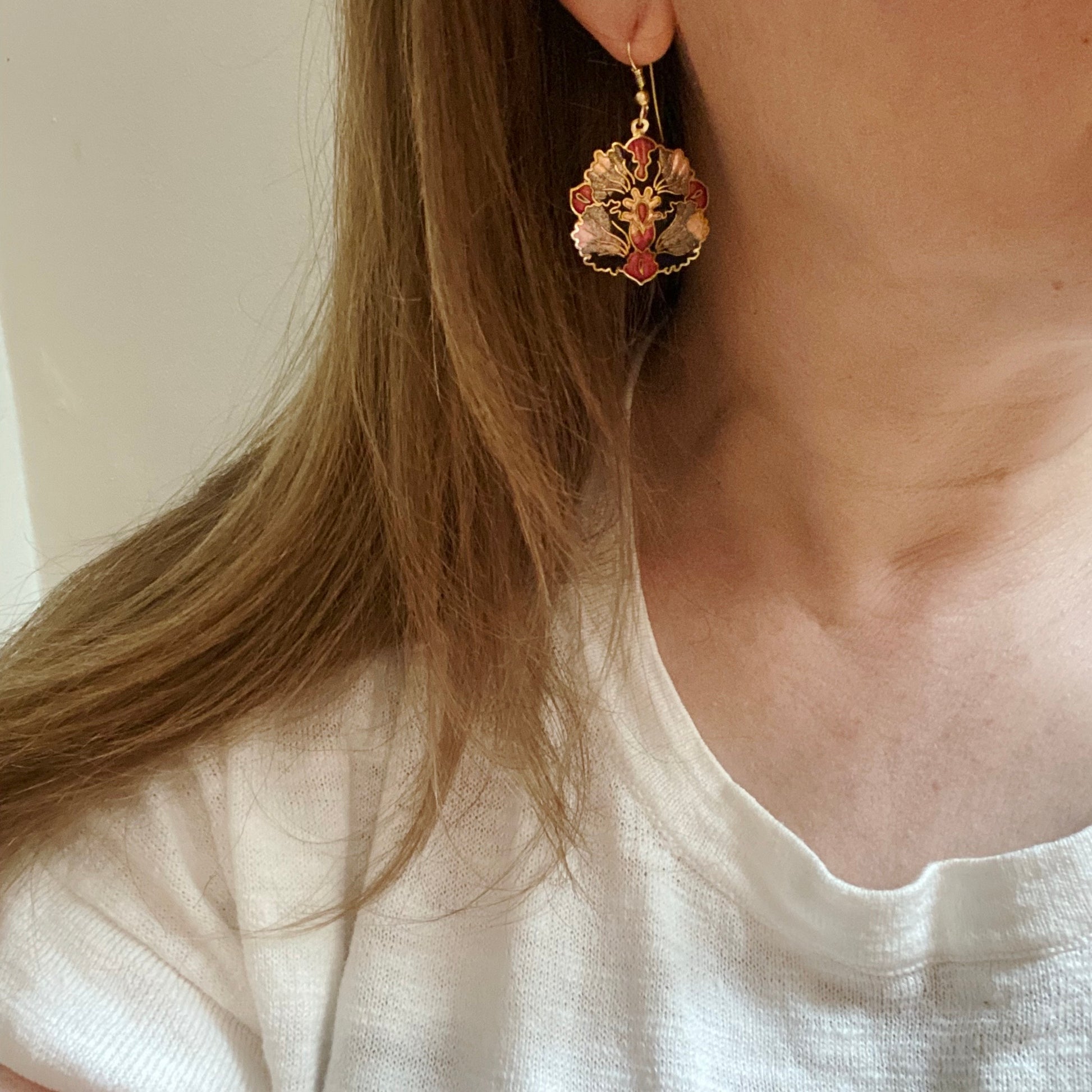 Vintage 80s Cloisonne Earrings on Model.