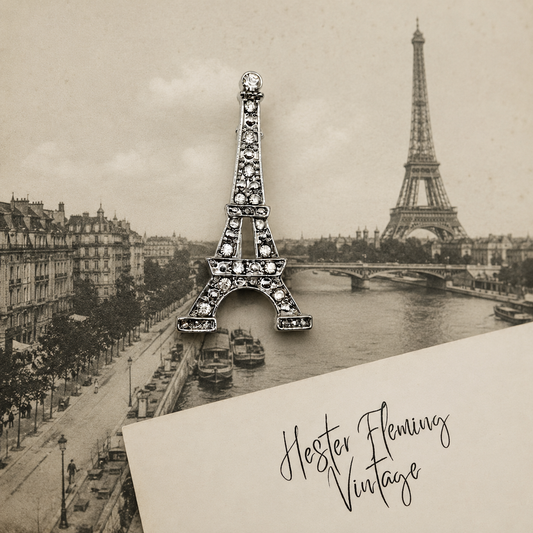 Vintage 90s Eiffel Tower Brooch, on a Parisian background. 