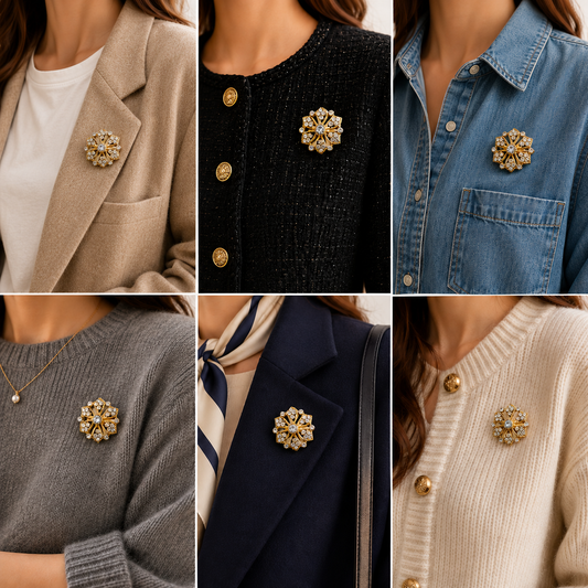 A variety of styling ideas for the 90s Floral Crystal Burst Brooch