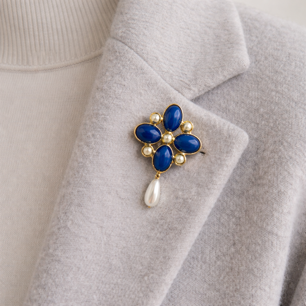 Vintage 90s Maltese Cross Brooch with Pearl Drop, Styled on a cashmere jacket.