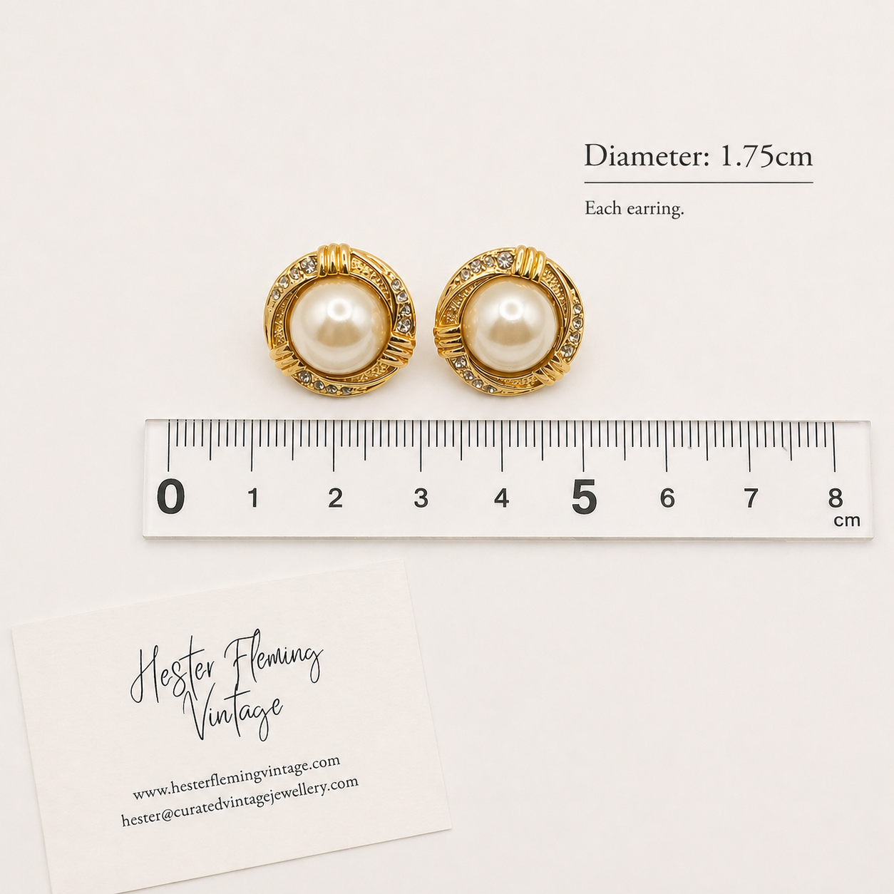Vintage 90s Pearl Gilt Earrings, positioned next to ruler for measurement.