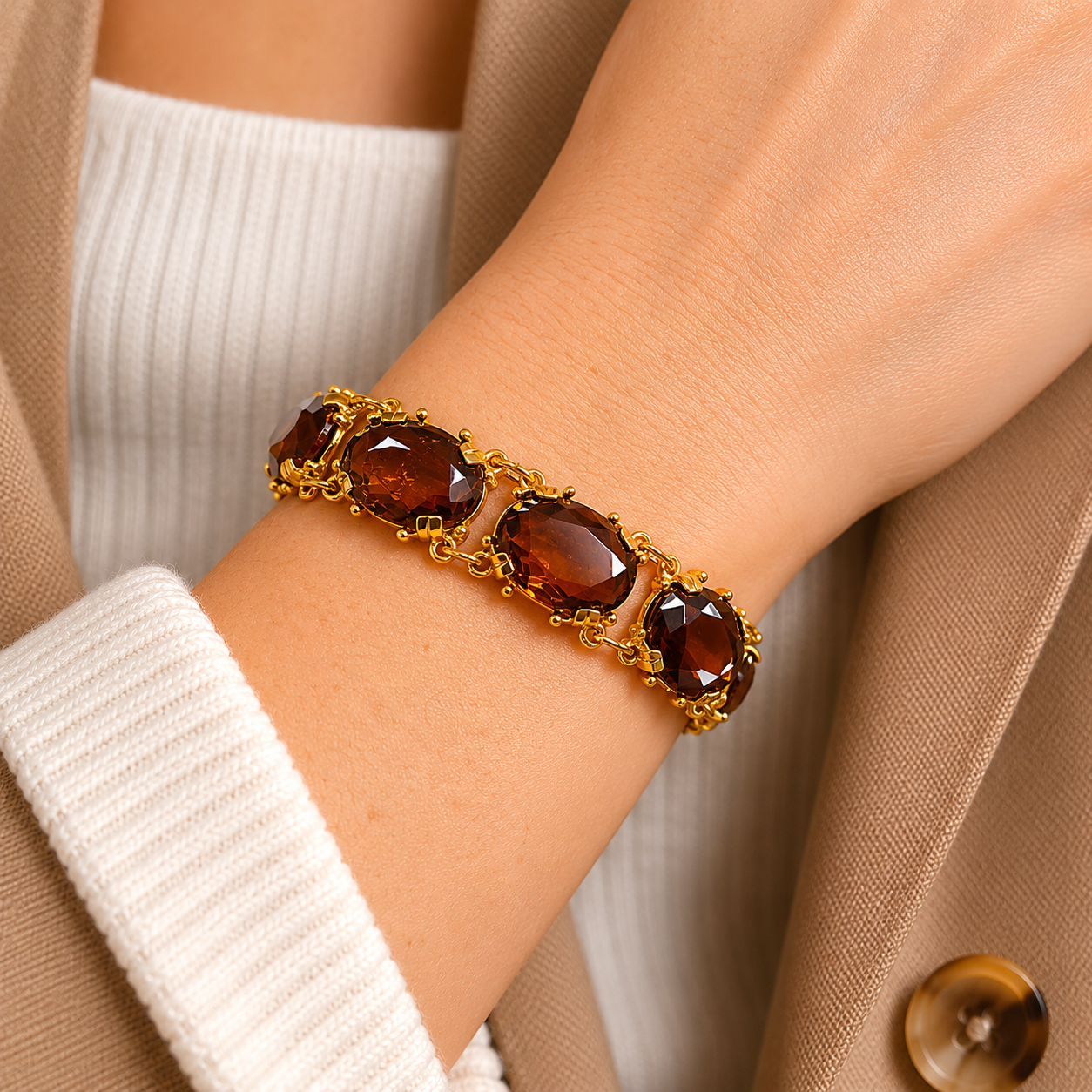 Vintage 1990s, Swarovski Crystal Amber Bracelet. Displayed on model's wrist. 