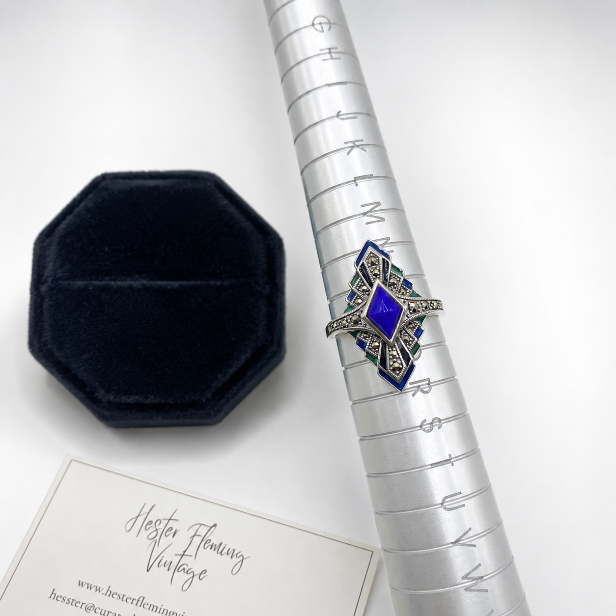 Circa, 1990s. Art Deco revival ring displayed on ring sizer. Size P.