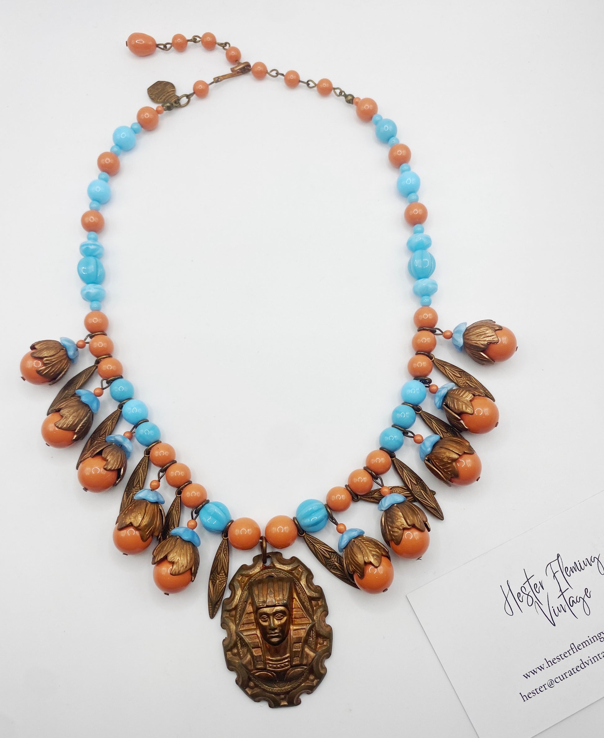 Art Deco Czech Egyptian Revival necklace with Pharaoh pendant, a rare vintage collectible piece