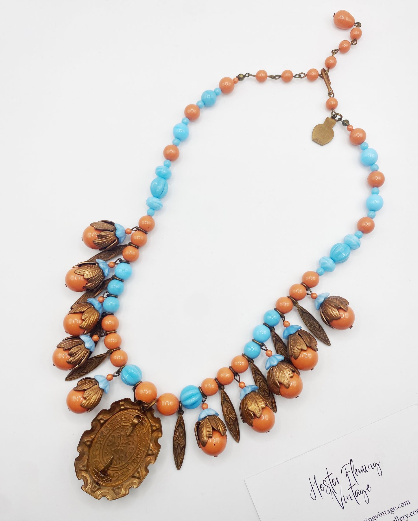Back view of adjustable 48cm Czech Egyptian Revival necklace from the 1930s with coral, turquoise beads and Pharaoh pendant