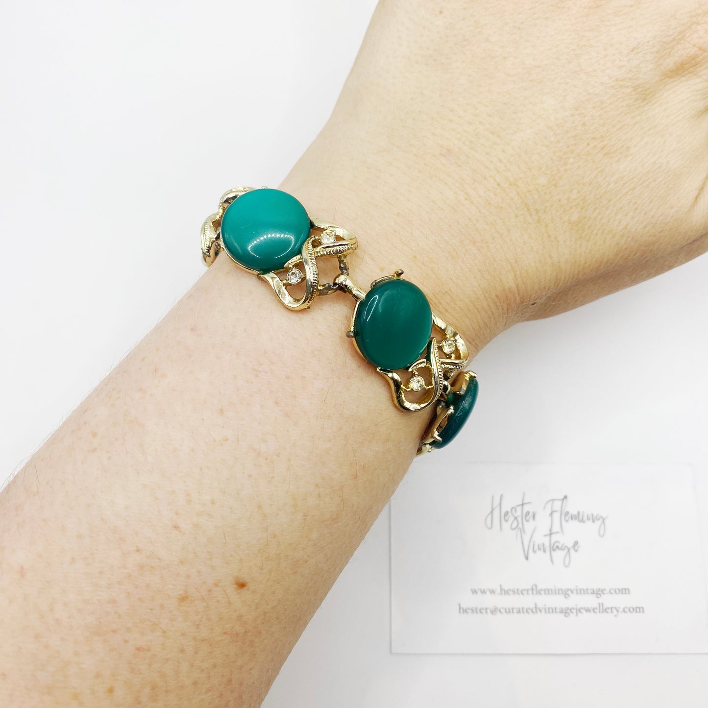 1950s Coro turquoise bracelet shown worn on wrist