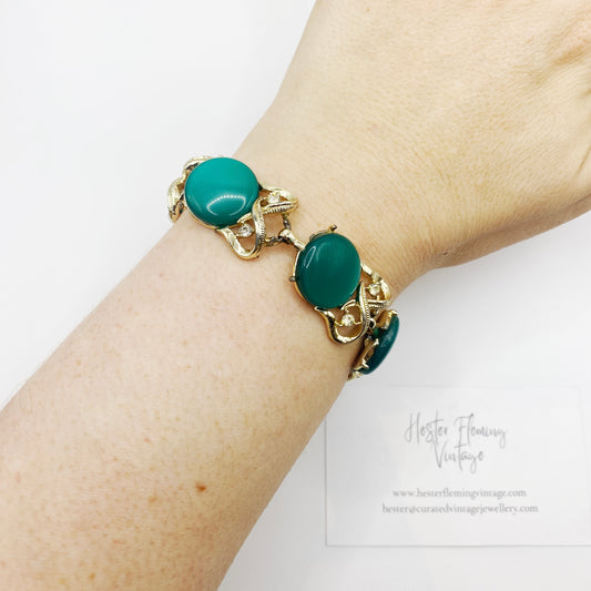 1950s Coro turquoise bracelet shown worn on wrist