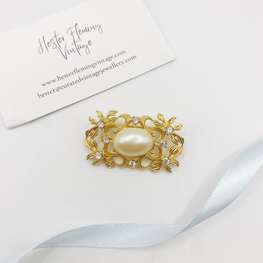 Vintage Filigree Pearl and Crystal Brooch